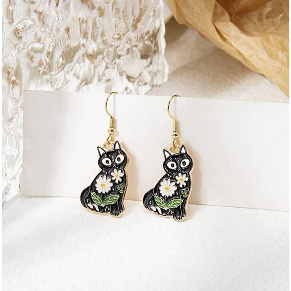 Unbranded Jewelry - Cat Lover Earrings Kitten Drop Gift Women Fashion Jewelry Dangle Flower Black